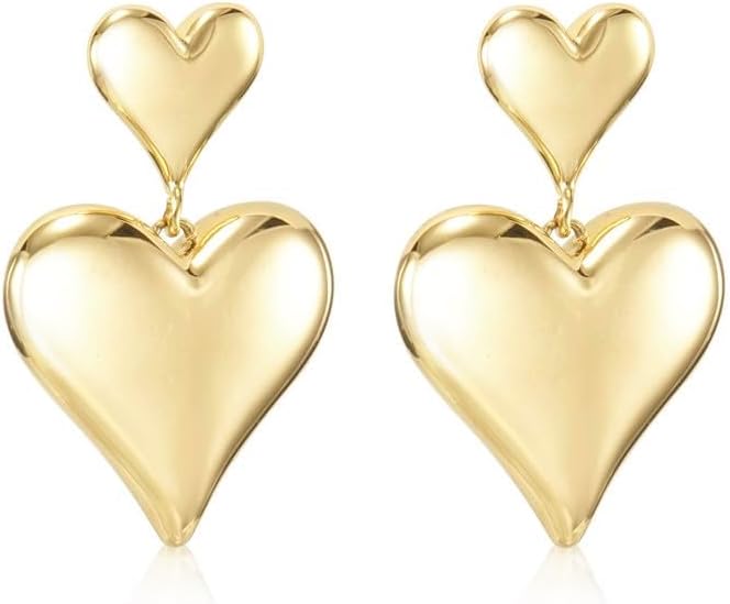 Gold Heart Earrings Dangle, Big Heart Dangle Earrings for Women, Sparkly Large Heart Shaped Earrings, Trendy Double Heart Drop Earrings, Cute Love Heart Dangling - Image 8