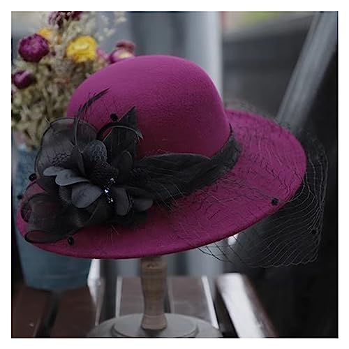 Large-Brimmed hat Women's Autumn Winter Mesh Wool top hat Women's Winter Celebrity Dome Basin hat(Black)