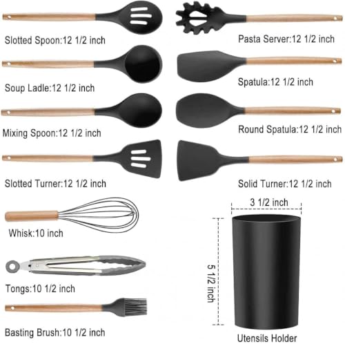Image of 12-Piece Silicone Kitchen Utensil Set with Wooden Handles & Holder | Heat Resistant Non-Stick Cooking Tools | BPA Free Kitchen Spatula Set for Cooking & Baking