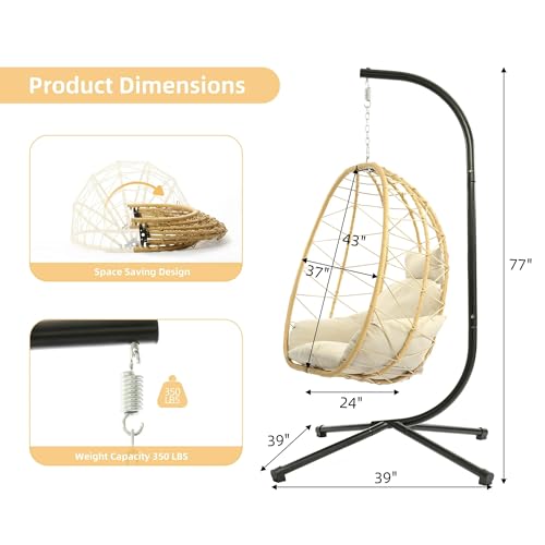 LEX CRAFT Egg Chair with Stand, Swing Chair Hanging Chair Nest Basket, UV Resistant Removable & Washable Cushions,350LBS Capacity for Bedroom, Balcony, Garden（YE-BE by LEX CRAFT - Image 2