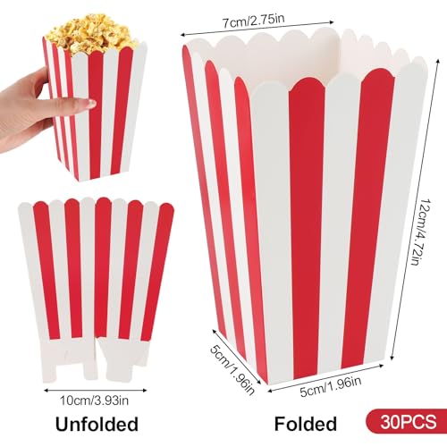 Popcorn Boxen, 30 Stück Popcorn Tüten Klein, Popcorntüten Rot/Weiß Gestreift für Kino, Geburtstagsfeier, Partysnacks, Süßigkeiten Tüten (7x5x12cm)