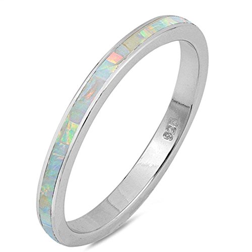 Blue Apple Co. 3mm Full Eternity Stackable Band Ring Created White Opal 925 Sterling Silver