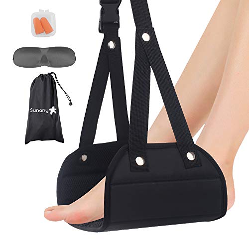 Travel Airplane Footrest Foot Hammock, Foot Rest Under Desk Protects The Leg from Swelling and Soreness, Airplane Travel Accessories with Portable Drawstring, Eye Mask and Earplugs (Black)