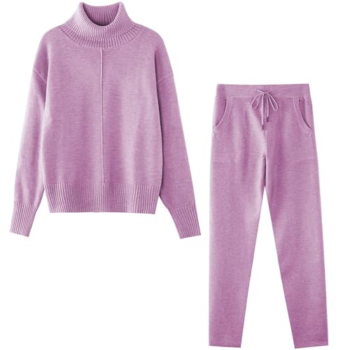 TAOVK Woolen Women Knitted Turtleneck Long Sleeve Sweaters Suits 2 Piece Outfits Sweaters Set (M, Light Purple)