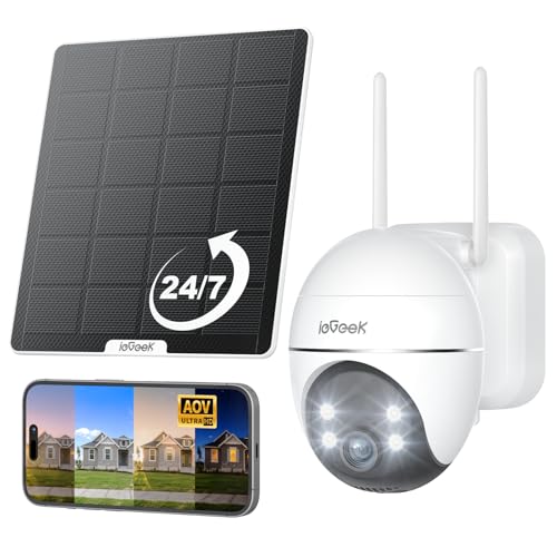ieGeek Solar Security Cameras Wireless Outdoor WiFi Surveillance Camera with Solar Panel & 9000mAh Battery 24/7 Recording 360 Panoramic View Auto Tracking 2K Color Night Vision No Subscription