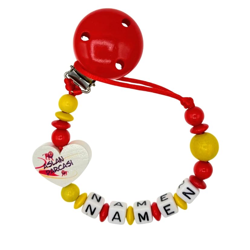Set Nuckelkette + Kinderwagenkette mit Namen " für GALATASARAY Fan - ASLAN PARCASI " Rot Gelb/Baby/Unisex/Personalisiert/HANDMADE