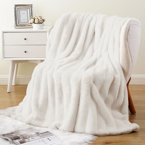 Battilo White Faux Fur Throw Blanket, Rabbit Fur Blanket for Bed, Couch, Super Soft Cozy Fuzzy Ivory Blanket, 127x152cm