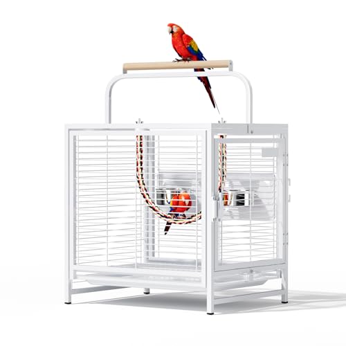Image of VINGLI Small Bird Cage, 19 inch Travel Carrier Bird Cage with Handle, Wrought Iron Parakeet Cage with Wooden Perch for Parrot Lovebirds Finches Small /Medium Birds (White)