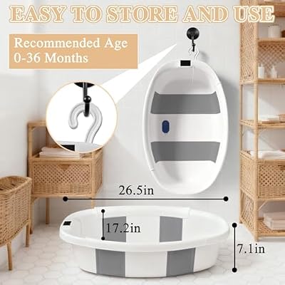 Baby Bathtub, Baby Bath Tub with Thermometer & Soft Cushion, Collapsible Infant Bathtub for Newborn to Toddler 0-36 Months, Quick Use & Portable for Travel(Grey)