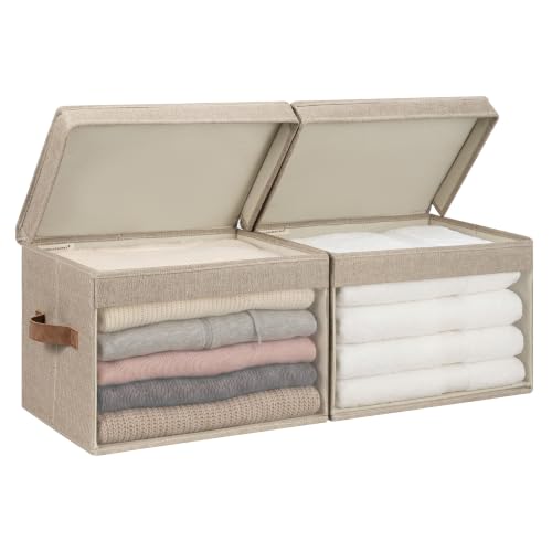Image of StorageWorks Fabric Storage Bins with Lids, Large Closet Storage Bins | Flip-Top Lid, Clear Window, Handles, Collapsible, for Clothes Blankets Books, Closet Box, Brown and Beige, 2-Pack