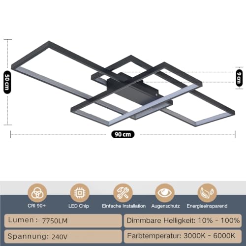 Plafonnier LED dimmable noir de 90cm avec télécommande pour salon