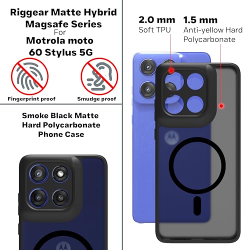 Image of RIGGEAR Shockproof Sleek Hybrid Armor Magnetic Back Cover Case Compatible with MagSafe Accessories for Motorola Moto Edge 60 Stylus 5G (Smoke Black Matte PC with Black TPU Bumper)