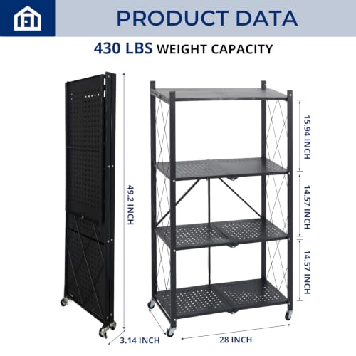 Image of 4 Tier Foldable Storage Shelf with Wheels, Collapsible Metal Rack Shelving Unit, No Assembly Required, Rolling Cart Shelf Rack Organizer for Books, Garage, Kitchen, Closet, Pantry, Exhibition, Black
