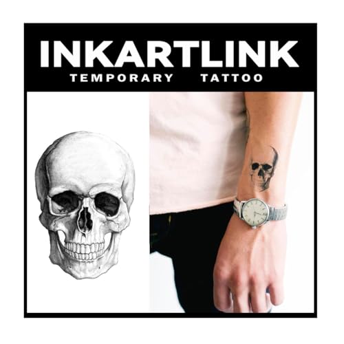 INKARTLINK Temporary Tattoos, 3 Sheets Small Semi Permanent Tattoo Adult Art Design Waterproof Temp Tattoo Party Favors Realistic Look, No Adhesive, No Reflection, Lasts 1-2 Weeks Black (Skull)