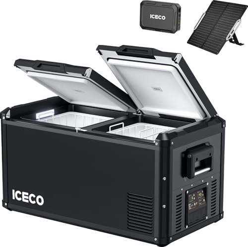 ICECO VL75 ProD Portable Refrigerator Powered by SECOP, Dual Zone Fridge Freezer, Multi-directional Lid, Dual USB & DC, AC 110-240V, 0℉-50℉, 12V Fridge for RV, Car, Truck|With Battery+Solar Panel