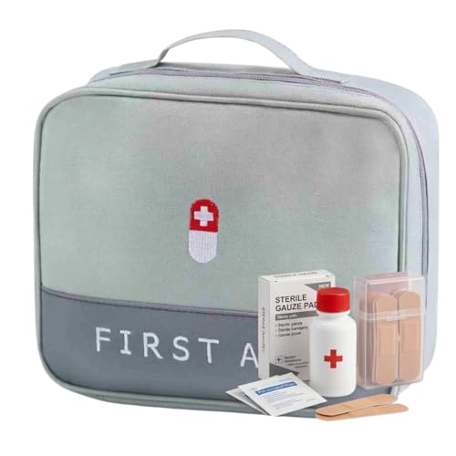 Bolsa de Remedios e Primeiros Socorros 24x20x10cm Necessaire Emergencia com Divisorias Internas com Tela e Alca de Mao Poliester Resistente Ideal para Viagem Casa e Carro (Cinza)