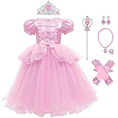 Kids Cinderella Dress up Girls Princess Costume Fairy Tale Sophia Rapunzel Cosplay Fancy Dress Halloween Carnival Outfit Pink 3(with Accessories) 3-4 Years Cover