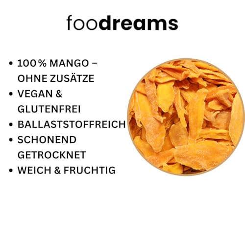 Foodreams Mango Streifen getrocknet Fancy – Premium Qualität, naturbelassen, ungezuckert & ungeschwefelt, aromatisch & fruchtig, vegan (500g)