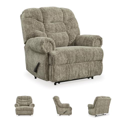 Image of Signature Design by Ashley Recliner, Oversized Taupe, Movie Man | Plush polyester velvet upholstery, Space-saving wall hugger needs 3 in of room, Extra-wide seating for big & tall comfort