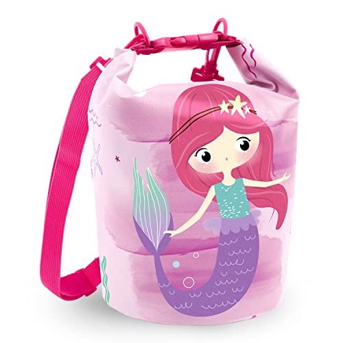 PERLETTI Wasserdichter Rucksack für Kinder, Mädchen, wasserdicht, tragbar, wasserdicht, Strand, Meer, Pool, Sporttasche für Mädchen, mit langem verstellbarem Gurt, Fuchsia, 25 x 18 x 18 cm, Sirene, L