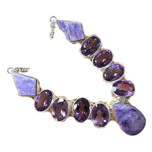 Natural Siberian Charoite 16ct Amethyst 925 Solid Sterling Silver Necklace 17"