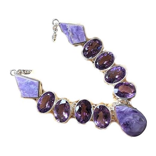 Natural Siberian Charoite 16ct Amethyst 925 Solid Sterling Silver Necklace 17"
