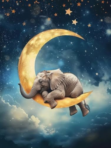 Peinture diamant adulte éléphants et lune : kit complet broderie diamant XXL 80x110cm G0-579