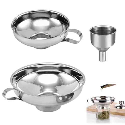 3 Piezas Embudos de Acero Inoxidable con Asa, Embudo Cocina Multiusos para Líquidos Polvos Aceite Harina y Conservas, Incluye Embudo Grande, Embudo Pequeño y Estándar