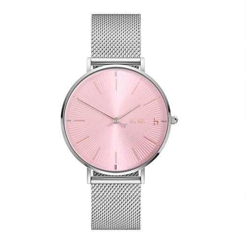 BUREI Ultradünne Damenuhr Minimalistisches Japanisches Quarzwerk (rosa Silber, Edelstahl)