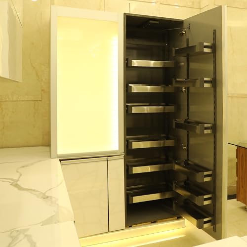 Image of Avocetmobily Stainless Steel Pull Out Kitchen Pantry Unit 600mm Cabinet | 12 Basket Modular Kitchen Storage Organizer | 6 Layer Tall Pantry Rack | 70kg Load Capacity | Silver