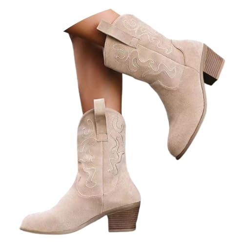 Bastwahl Cowboystiefel Damen Langschaft Stiefel - Cowboy Stiefeletten Sommerstiefel Sommer Festival Schuhe Retro Reißverschluß Boots Blockabsatz Übergangsstiefel Ankle Halbhohe Westernstiefel
