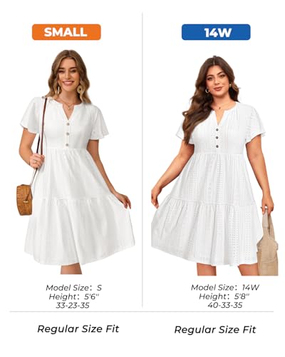 Image of Plus Size Summer Dress - Casual Sundress Beach Short Sleeve V Neck Tiered Button Up Boho Midi Flowy Sun Dresses Women