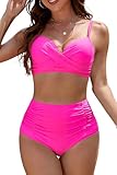 SHEKINI Women's Underwire Bikini Set High Waisted Tummy Control Swimsuit Ladies Swimming Costumes Push Up Bathing Suit 2 Piece Swimwear Pink