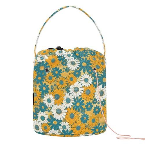 Yarn Storage Bag Small Crochet Bag Knitting Bag Organizer White Green Yellow Flower Yarn Bags for Crocheting Basket