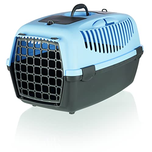 Image of Trixie Capri Durable Plastic Pet Carriers with Handles, Storage Trays, and Stroking Flaps (Dark Grey /Pastel Blue, XS-S, Capri 2)