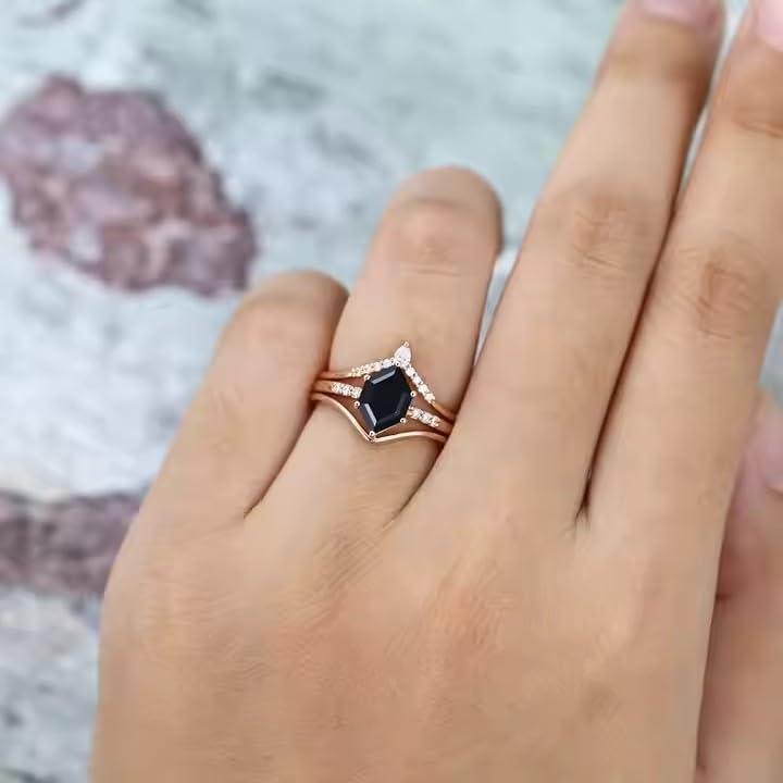 Hexagon Black Onyx Wedding Ring Set 925 Sterling Silver 2 Piece Black Gemstone Ring Set For Women Bridal Ring Set Unique Bridal Ring Set For Wife Birthday Present