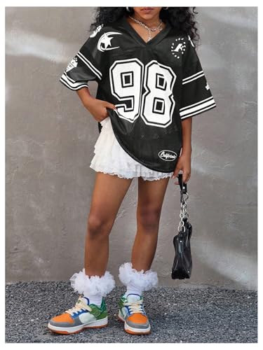 Image of Floerns Girl's Jersey Shirt Printed Oversized Short Sleeve Mesh Tee Shirts V Neck Sport Jersey Shirts