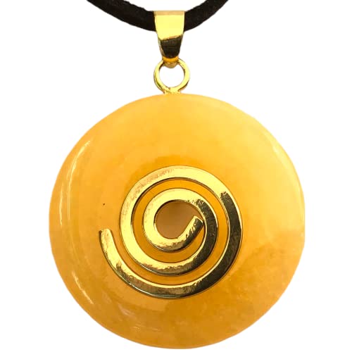 Steinfixx® - Premium Orangencalcit Donut optional als Kette mit Silber- oder Goldanhänger und 80cm Lederband | Heilstein | Edelstein | Chakra-Stein (Donut mit Goldspirale)