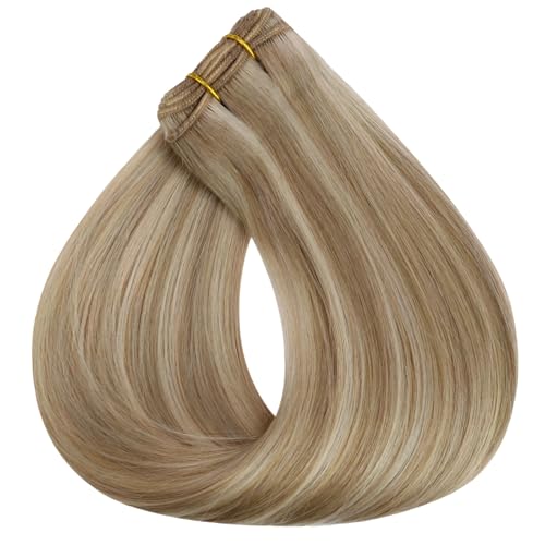 Image of Full Shine Sew In Hair Extensions Remy Weft Hair Extensions Sew In Extensions Straight Hair Color Ash Blonde Mix Golden Blonde Human Hair Bundles For Women 18 Inch 105G