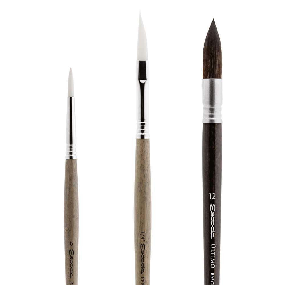ESCODA Set 3 Pinceaux Aquarelle - N.6 Rond Pointu, N.1/4" Epée, N.12 Rond à Lavis Fibres Synthétiques Julia Barminova Série Ultimo Perla Brosses Professionnelles Fabriqué à la Main à Barcelone.