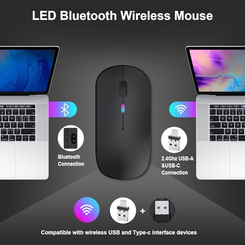 Kabellose Bluetooth-Maus für Laptop, wiederaufladbare Computer-Maus 2.4GHz Optisch (Bluetooth5.2+USB A+USB C)Duale Empfänger Mäuse-1600DPI LED Leiser Klick für Mac Laptop Tablet PC Computer,Schwarz
