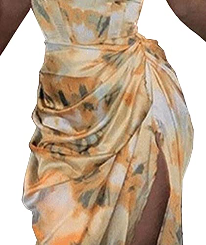 xxxiticat Women's Ruched Abstract Print Satin Dress Sleeveless Spaghetti Straps Pineapple High Split Asymmetric Midi Dress3