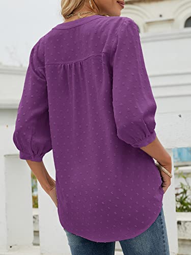 Womens Summer V Neck 3/4 Sleeve Blouses Swiss Dot Tunic Tops Casual Button Shirts Purple #TOP3