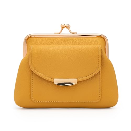 Genuine Leather Kiss Lock Coin Purse for Women with Credit Card Slot Large Capacity Blue (Yellow)
