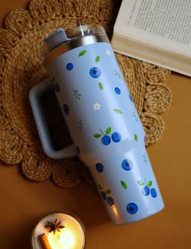 Image of 1200ML Stainless Steel Tumbler Hot and Cold with Handle and Lid and 2 Straws, Double Insulated Cup Leak Proof Mug Cupholder for Gym, Travelling (Blueberry)