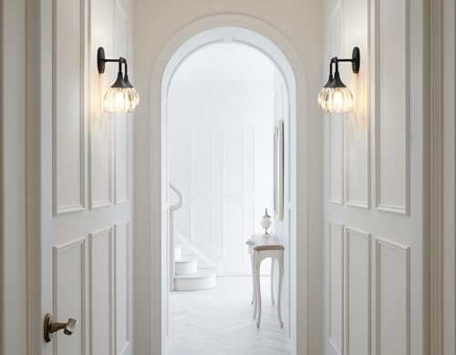 Image of Phansthy Bathroom Vanity Light Fixtures, Hardwired 2-Light Modern Sconces Wall Light Over Mirror with Clear Tulip Glass Shade for Bedroom Living Room Hallway Kitchen (Black + Clear Shade)