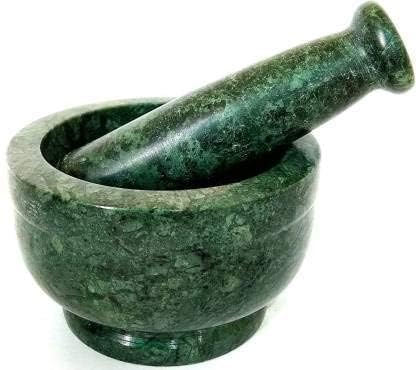 Image of Green Marble Mortar and Pestle Set for Kitchen & Ayurveda | Heavy Duty Hand Grinder for Spices, Herbs, and Pills | Traditional Stone Manual Masher | 4-Inch Mortar Crusher for Home Use