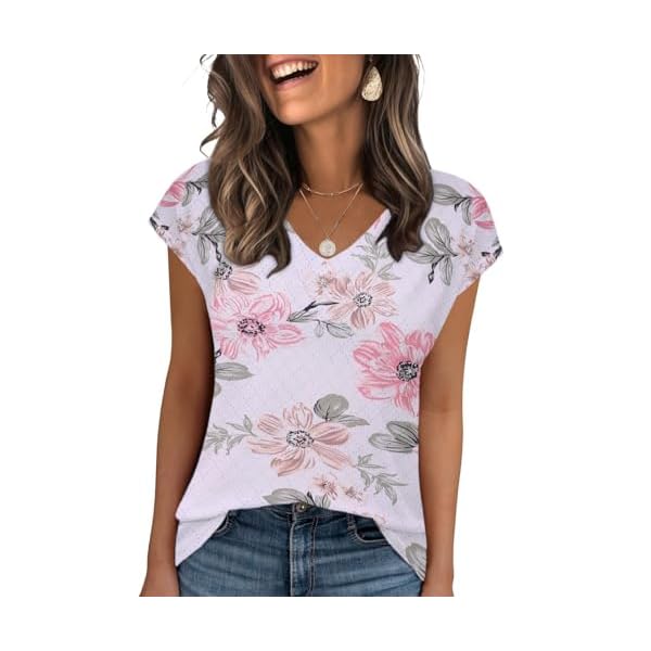 Zeagoo 2025 Women's Tank Top V Neck Eyelet T Shirts Cap Sleeve Tops Loose Fit Blouses Dressy Casual Summer Basic Shirts