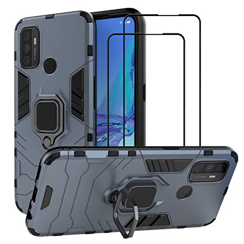 QCMM for Oppo A53S / Oppo A53 / Oppo A32 Kickstand Case with Tempered Glass Screen Protector [2 Pieces], Hybrid Heavy Duty Armor Dual Layer Anti-Scratch Case Cover, Blue