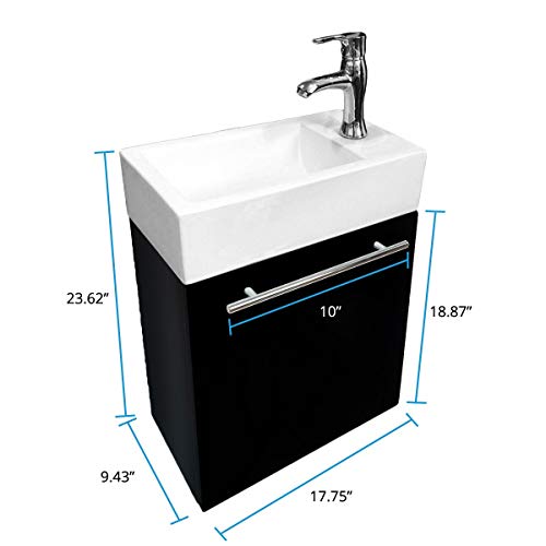 Dandi Wall Mount Cabinet Vanity Sink Combo 17 3/4" W Small Heavy Duty White Porcelain Bathroom Sink, Black Cabinet, Faucet, Pop Up Drain With Overflow And Towel Bar Renovators Supply Manufacturing #TOP1